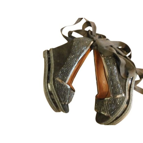 Donald J. Pliner Size 6.5 M Designer Wedge Bling Ankle Tie Wrap Heels Shoes - Picture 3 of 4